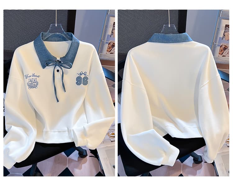 실사 데님 칼라 레이스업 페이크 레이어드 polo 후드티 여성 학원 스타일 숫자 자수 루즈핏 쇼트 스타일 맨위 상세 이미지 4