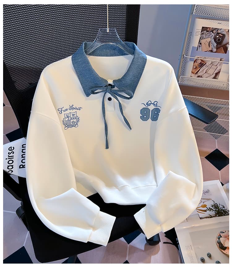 실사 데님 칼라 레이스업 페이크 레이어드 polo 후드티 여성 학원 스타일 숫자 자수 루즈핏 쇼트 스타일 맨위 상세 이미지 14