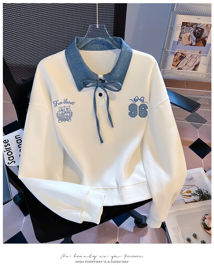 실사 데님 칼라 레이스업 페이크 레이어드 polo 후드티 여성 학원 스타일 숫자 자수 루즈핏 쇼트 스타일 맨위 상세 이미지 15