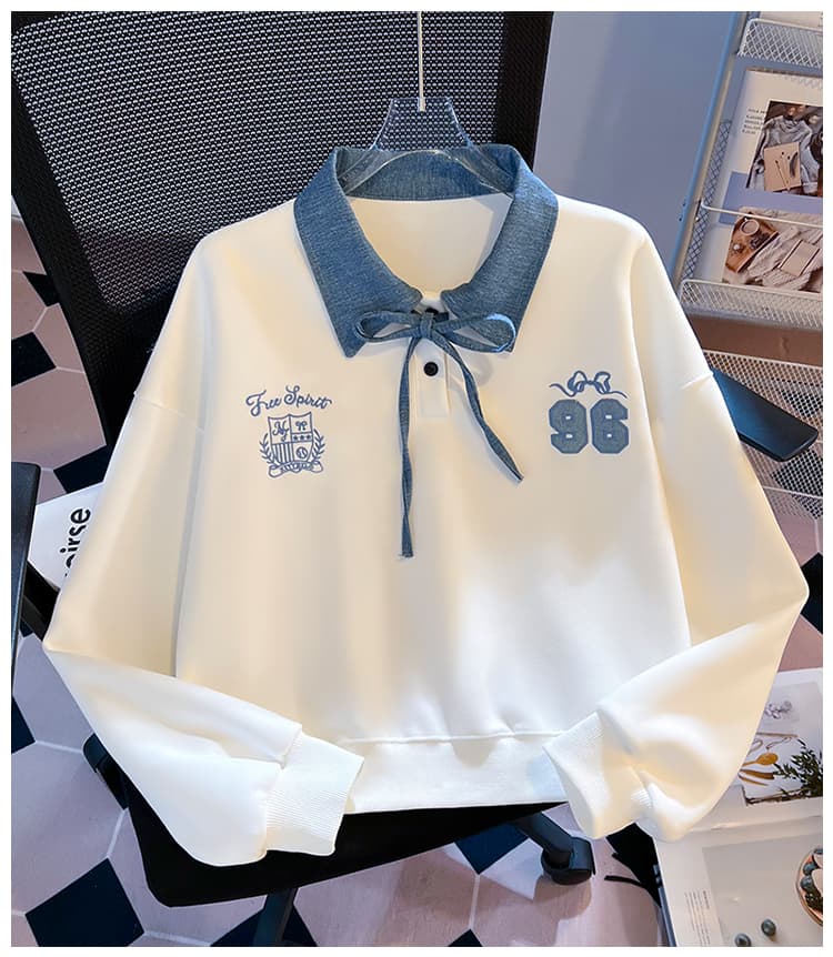 실사 데님 칼라 레이스업 페이크 레이어드 polo 후드티 여성 학원 스타일 숫자 자수 루즈핏 쇼트 스타일 맨위 상세 이미지 17