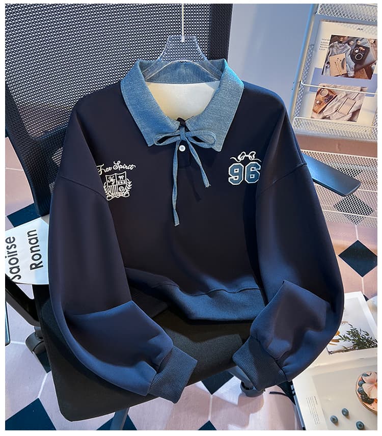 실사 데님 칼라 레이스업 페이크 레이어드 polo 후드티 여성 학원 스타일 숫자 자수 루즈핏 쇼트 스타일 맨위 상세 이미지 20