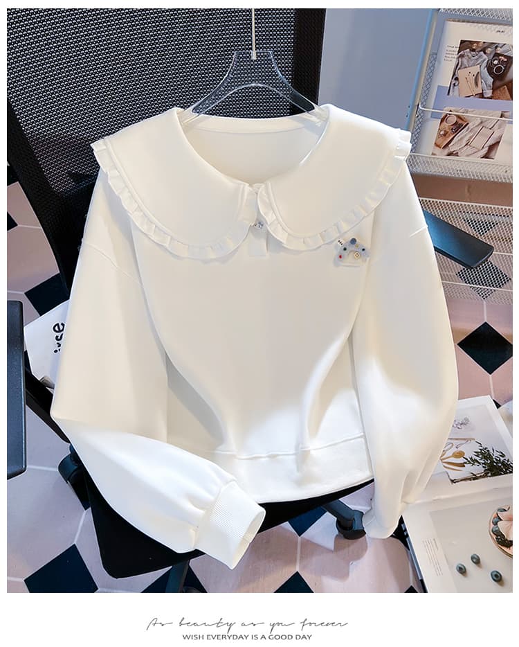 실사 부드러운 프릴 베이비 칼라 후드티 가을 루즈핏 거품 소매 달콤함 연령 감소 쇼트 스타일 다용도 풀오버 맨위 상세 이미지 16