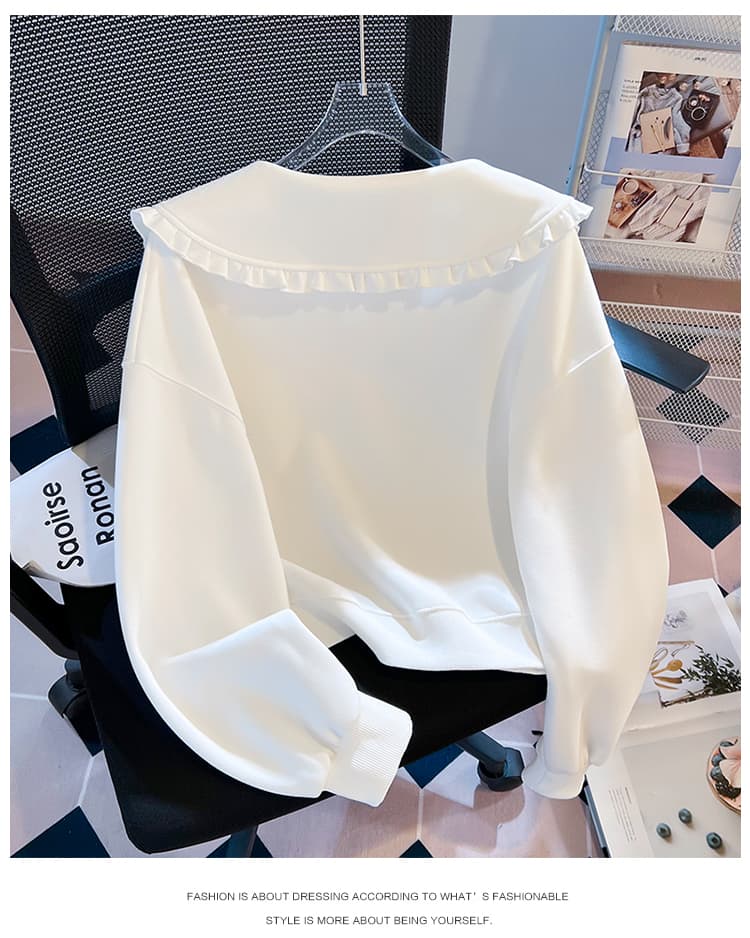실사 부드러운 프릴 베이비 칼라 후드티 가을 루즈핏 거품 소매 달콤함 연령 감소 쇼트 스타일 다용도 풀오버 맨위 상세 이미지 18