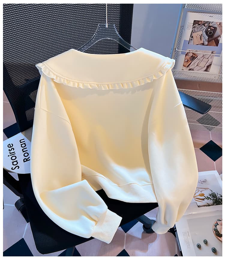 실사 부드러운 프릴 베이비 칼라 후드티 가을 루즈핏 거품 소매 달콤함 연령 감소 쇼트 스타일 다용도 풀오버 맨위 상세 이미지 28