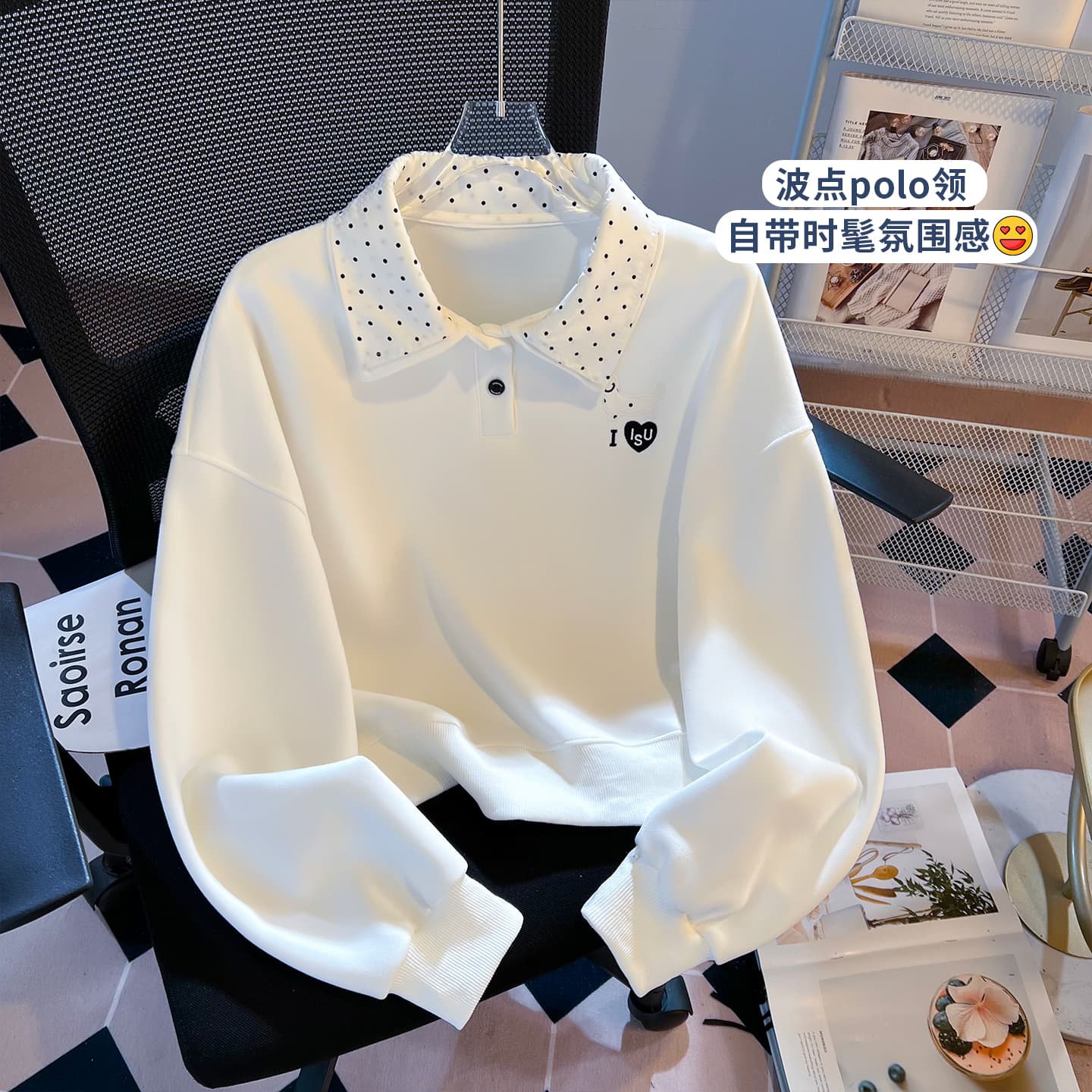 실사 도트 무늬 이중층 POLO 칼라 후드티 여성 닥스 훈트 자수 루즈핏 한 부서 학원 스타일 연령 감소 긴팔 맨위 이미지 3