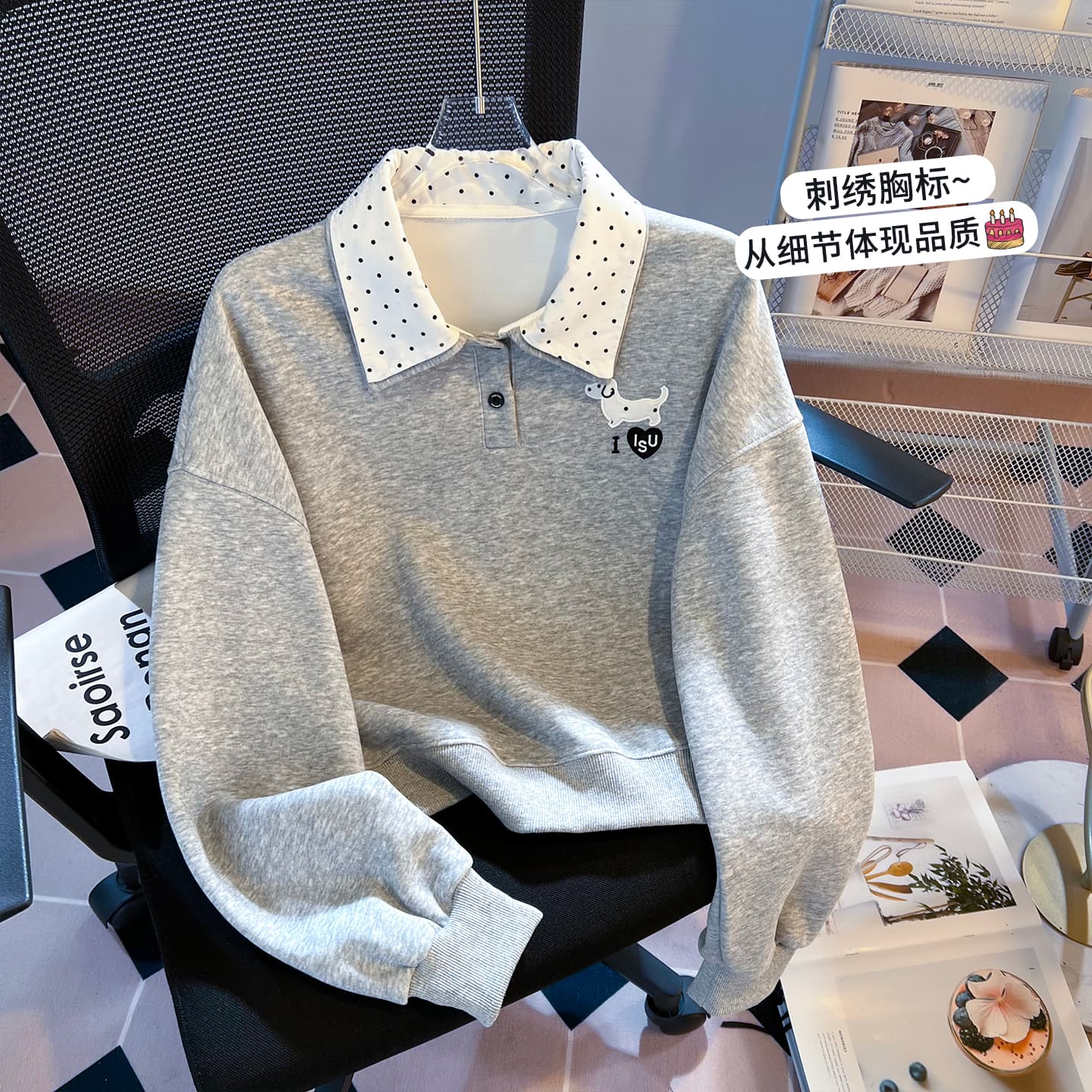 실사 도트 무늬 이중층 POLO 칼라 후드티 여성 닥스 훈트 자수 루즈핏 한 부서 학원 스타일 연령 감소 긴팔 맨위 이미지 5