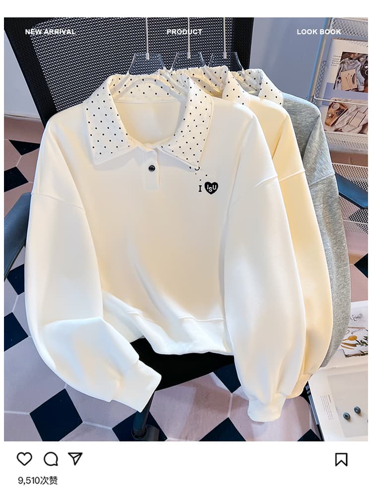 실사 도트 무늬 이중층 POLO 칼라 후드티 여성 닥스 훈트 자수 루즈핏 한 부서 학원 스타일 연령 감소 긴팔 맨위 상세 이미지 3