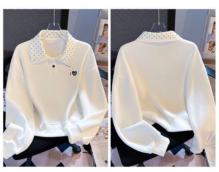 실사 도트 무늬 이중층 POLO 칼라 후드티 여성 닥스 훈트 자수 루즈핏 한 부서 학원 스타일 연령 감소 긴팔 맨위 상세 이미지 4