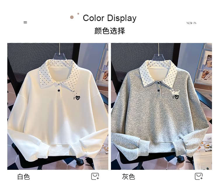 실사 도트 무늬 이중층 POLO 칼라 후드티 여성 닥스 훈트 자수 루즈핏 한 부서 학원 스타일 연령 감소 긴팔 맨위 상세 이미지 12