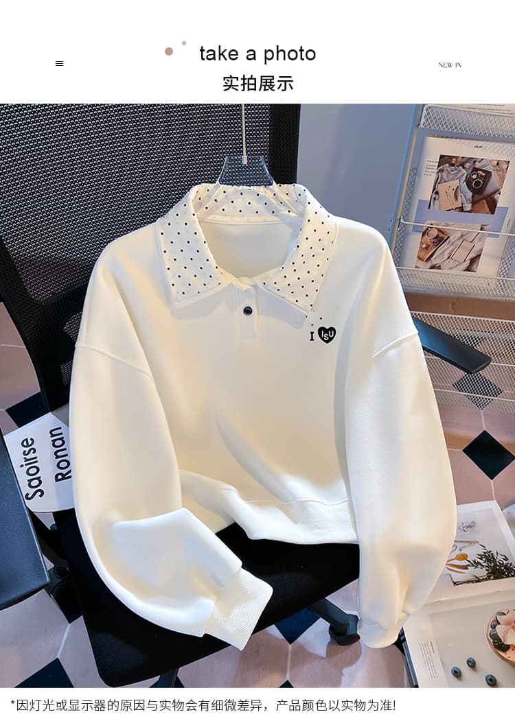 실사 도트 무늬 이중층 POLO 칼라 후드티 여성 닥스 훈트 자수 루즈핏 한 부서 학원 스타일 연령 감소 긴팔 맨위 상세 이미지 14