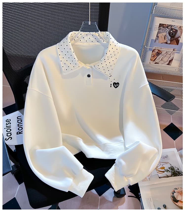실사 도트 무늬 이중층 POLO 칼라 후드티 여성 닥스 훈트 자수 루즈핏 한 부서 학원 스타일 연령 감소 긴팔 맨위 상세 이미지 15