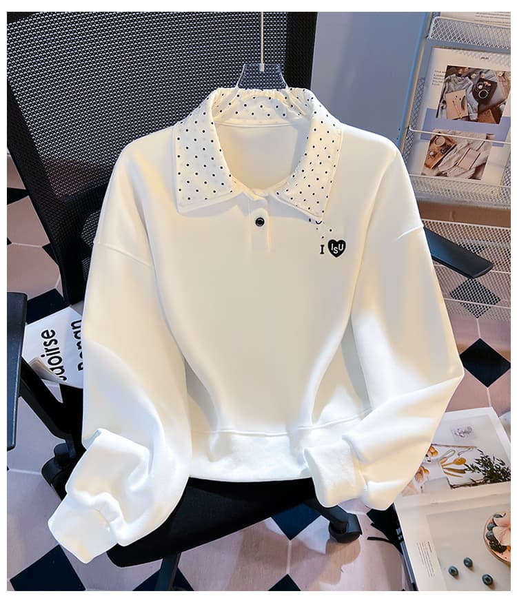 실사 도트 무늬 이중층 POLO 칼라 후드티 여성 닥스 훈트 자수 루즈핏 한 부서 학원 스타일 연령 감소 긴팔 맨위 상세 이미지 17