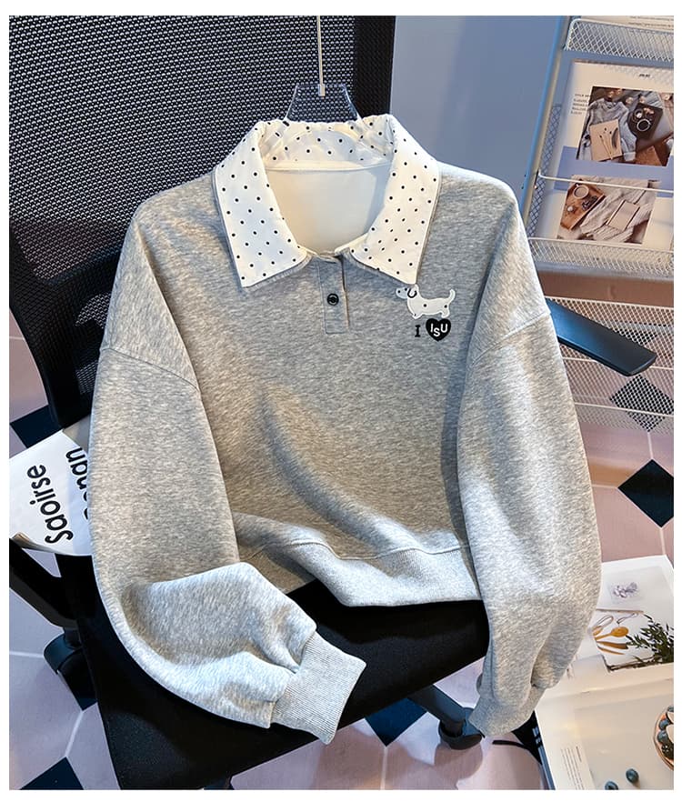 실사 도트 무늬 이중층 POLO 칼라 후드티 여성 닥스 훈트 자수 루즈핏 한 부서 학원 스타일 연령 감소 긴팔 맨위 상세 이미지 19