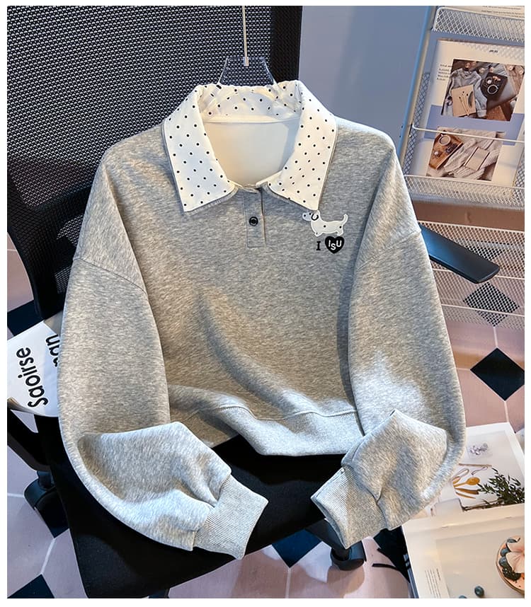 실사 도트 무늬 이중층 POLO 칼라 후드티 여성 닥스 훈트 자수 루즈핏 한 부서 학원 스타일 연령 감소 긴팔 맨위 상세 이미지 20