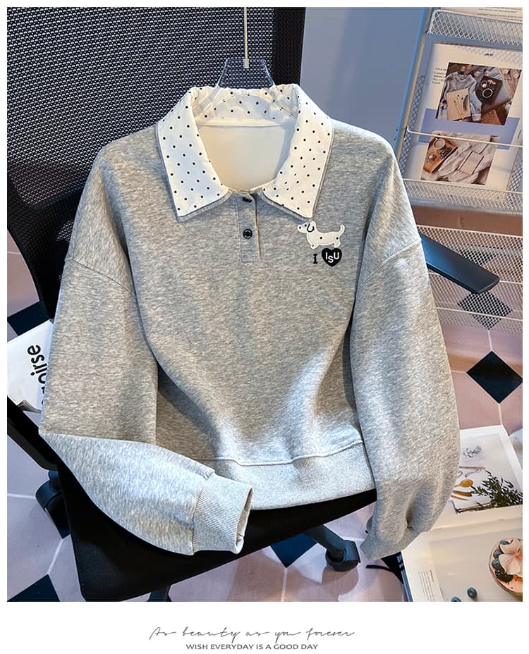 실사 도트 무늬 이중층 POLO 칼라 후드티 여성 닥스 훈트 자수 루즈핏 한 부서 학원 스타일 연령 감소 긴팔 맨위 상세 이미지 21