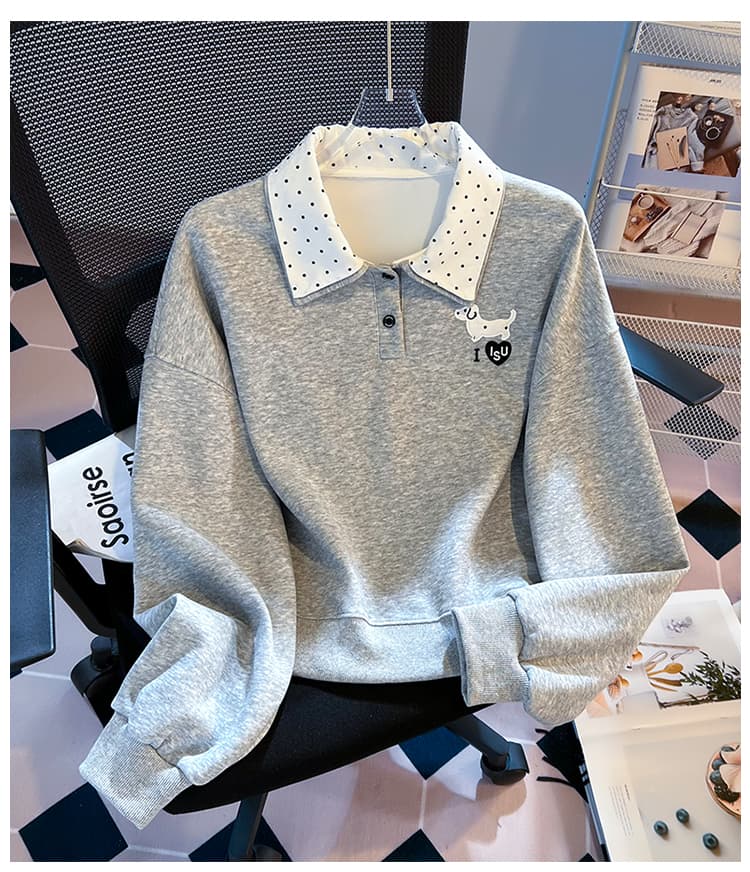 실사 도트 무늬 이중층 POLO 칼라 후드티 여성 닥스 훈트 자수 루즈핏 한 부서 학원 스타일 연령 감소 긴팔 맨위 상세 이미지 22