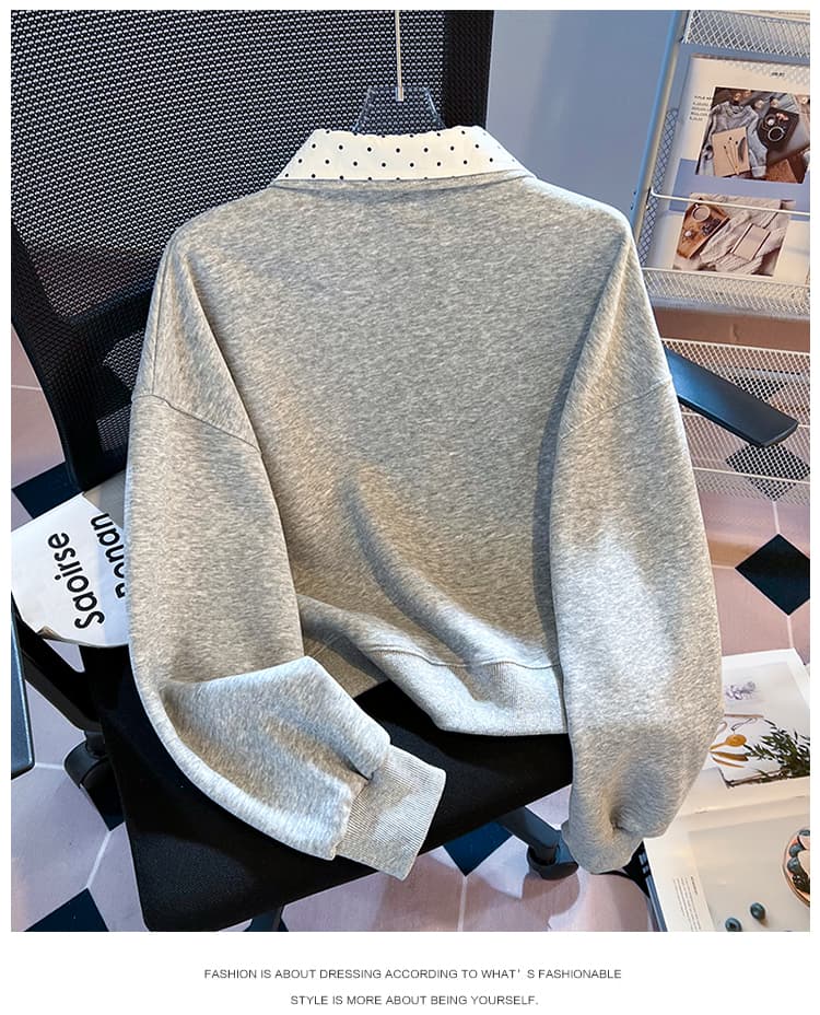 실사 도트 무늬 이중층 POLO 칼라 후드티 여성 닥스 훈트 자수 루즈핏 한 부서 학원 스타일 연령 감소 긴팔 맨위 상세 이미지 23