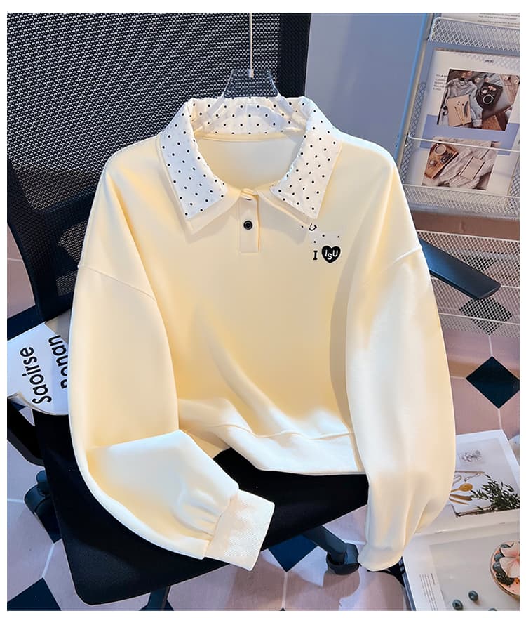 실사 도트 무늬 이중층 POLO 칼라 후드티 여성 닥스 훈트 자수 루즈핏 한 부서 학원 스타일 연령 감소 긴팔 맨위 상세 이미지 24