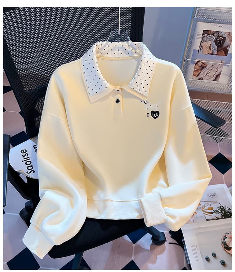 실사 도트 무늬 이중층 POLO 칼라 후드티 여성 닥스 훈트 자수 루즈핏 한 부서 학원 스타일 연령 감소 긴팔 맨위 상세 이미지 27