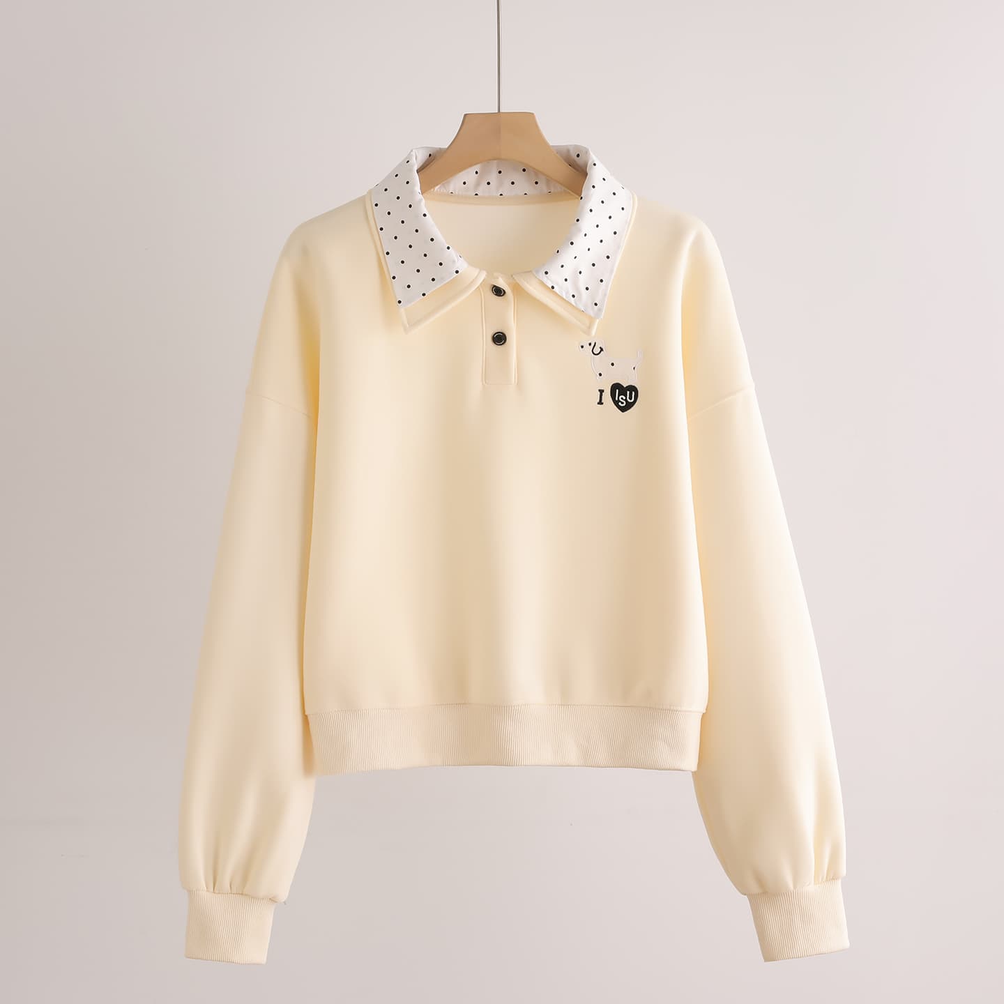 실사 도트 무늬 이중층 POLO 칼라 후드티 여성 닥스 훈트 자수 루즈핏 한 부서 학원 스타일 연령 감소 긴팔 맨위 이미지 4