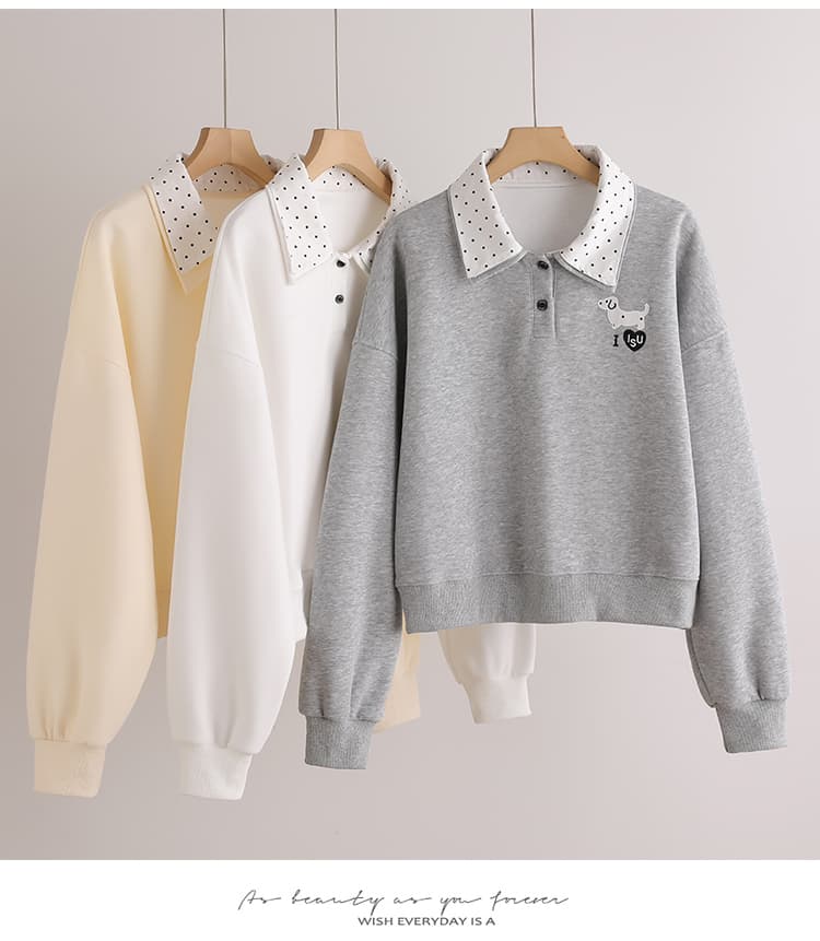 실사 도트 무늬 이중층 POLO 칼라 후드티 여성 닥스 훈트 자수 루즈핏 한 부서 학원 스타일 연령 감소 긴팔 맨위 상세 이미지 14