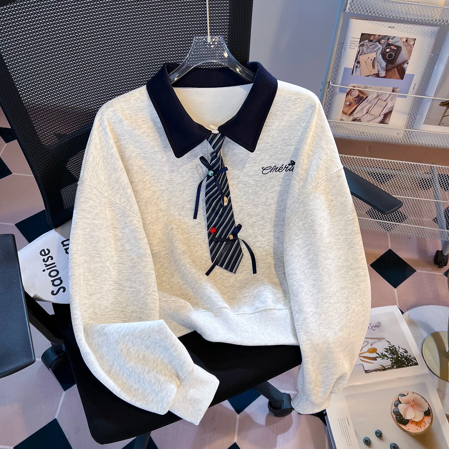 실사 한 부서 스트라이프 넥타이 polo 후드티 레트로 마 회색 루즈핏 느긋한 학생 다용도 가을 긴 소매 셔츠 이미지 5