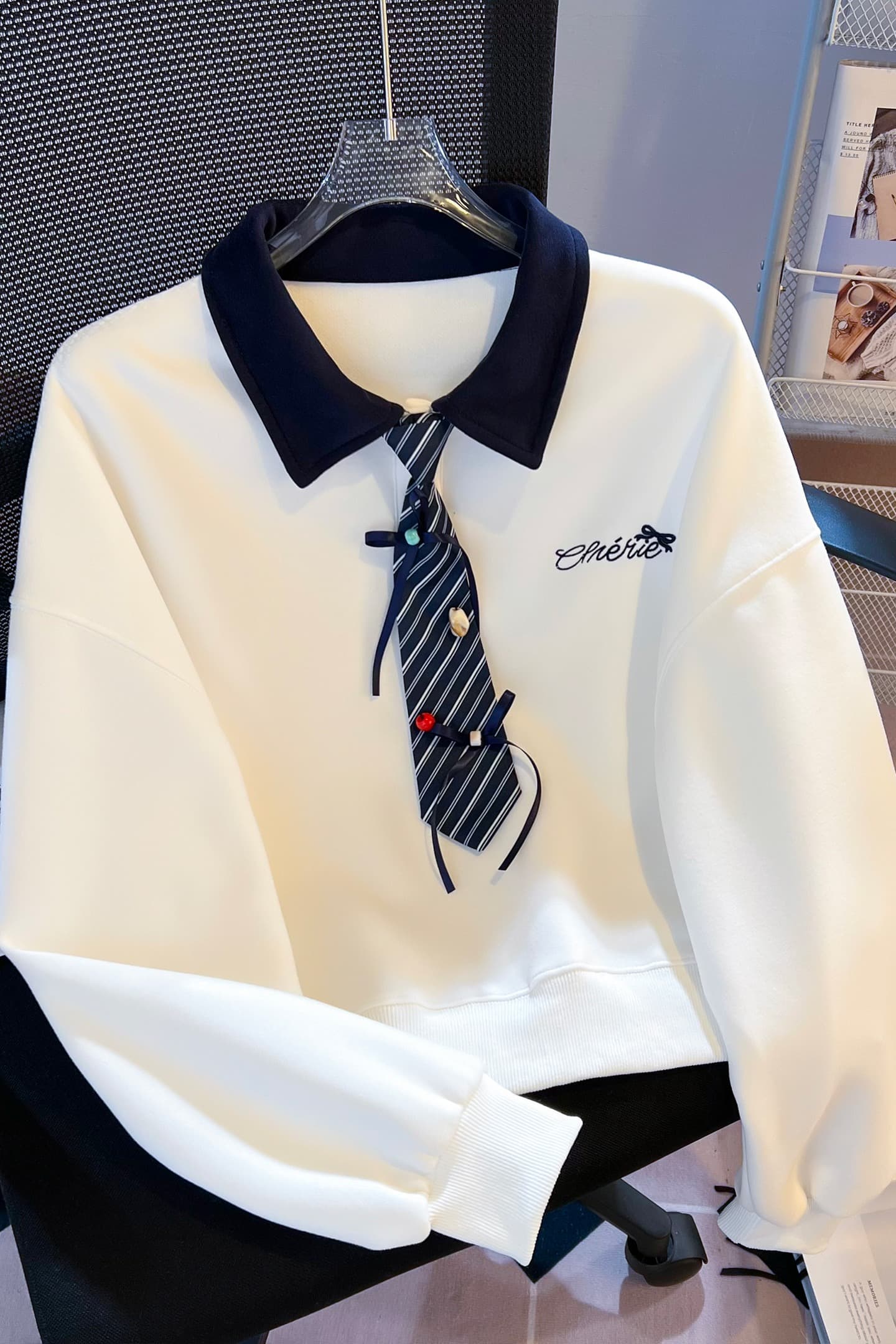실사 한 부서 스트라이프 넥타이 polo 후드티 레트로 마 회색 루즈핏 느긋한 학생 다용도 가을 긴 소매 셔츠 이미지 7