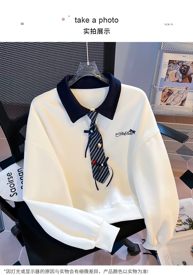실사 한 부서 스트라이프 넥타이 polo 후드티 레트로 마 회색 루즈핏 느긋한 학생 다용도 가을 긴 소매 셔츠 상세 이미지 14