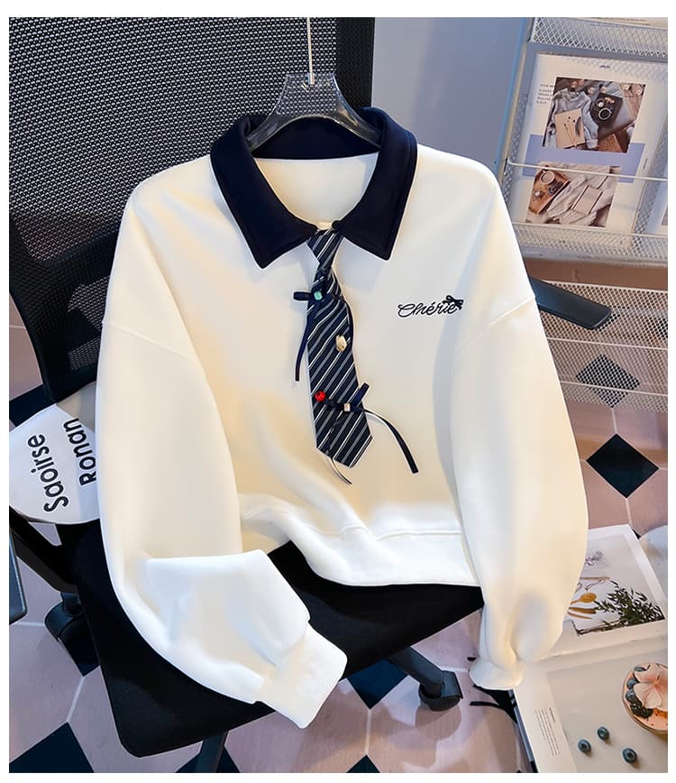 실사 한 부서 스트라이프 넥타이 polo 후드티 레트로 마 회색 루즈핏 느긋한 학생 다용도 가을 긴 소매 셔츠 상세 이미지 15