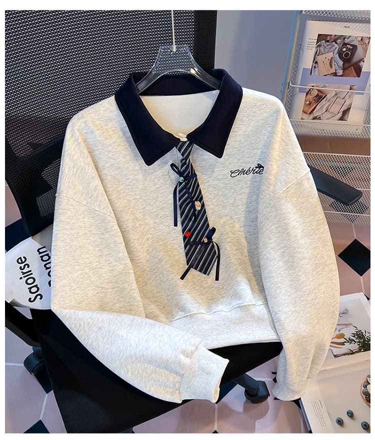 실사 한 부서 스트라이프 넥타이 polo 후드티 레트로 마 회색 루즈핏 느긋한 학생 다용도 가을 긴 소매 셔츠 상세 이미지 24
