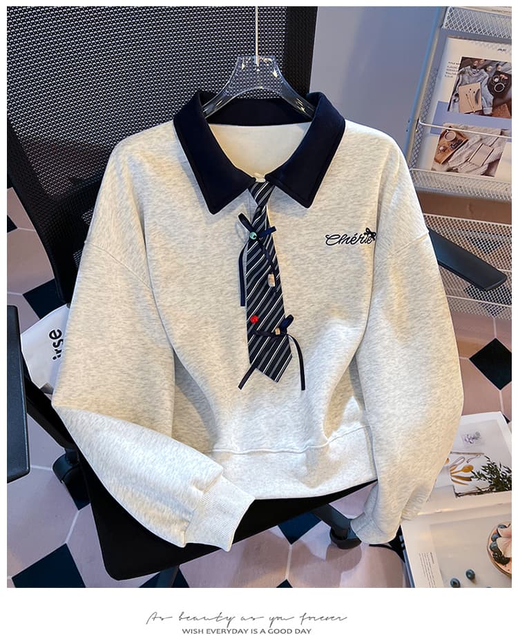 실사 한 부서 스트라이프 넥타이 polo 후드티 레트로 마 회색 루즈핏 느긋한 학생 다용도 가을 긴 소매 셔츠 상세 이미지 26