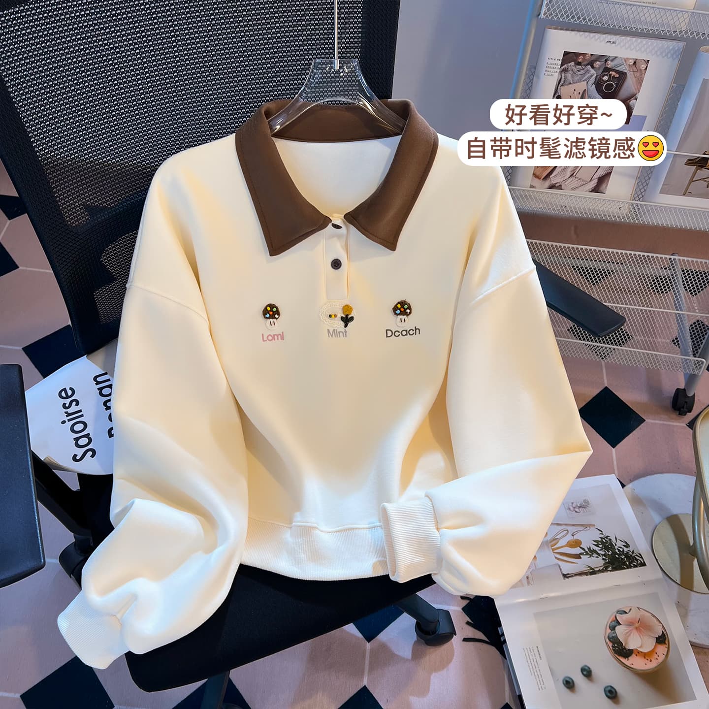 실사 배색 POLO 칼라 후드티 여성 귀여운 만화 자수 루즈핏 느긋한 바람 학생 긴팔 풀오버 맨위 이미지 4