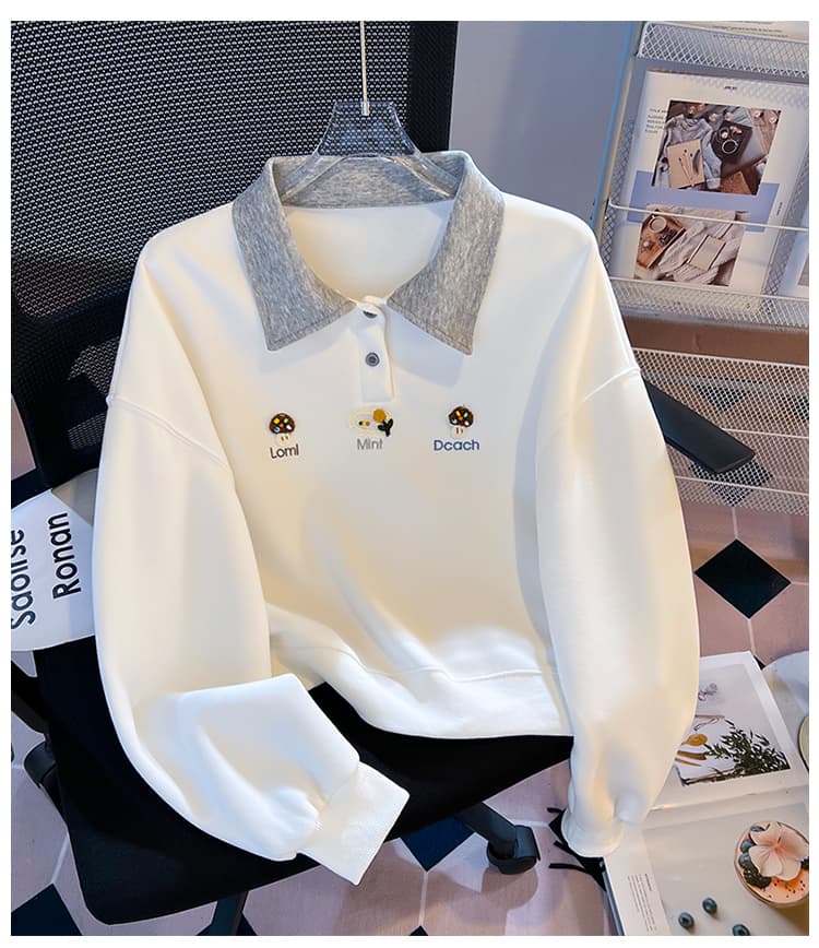 실사 배색 POLO 칼라 후드티 여성 귀여운 만화 자수 루즈핏 느긋한 바람 학생 긴팔 풀오버 맨위 상세 이미지 15