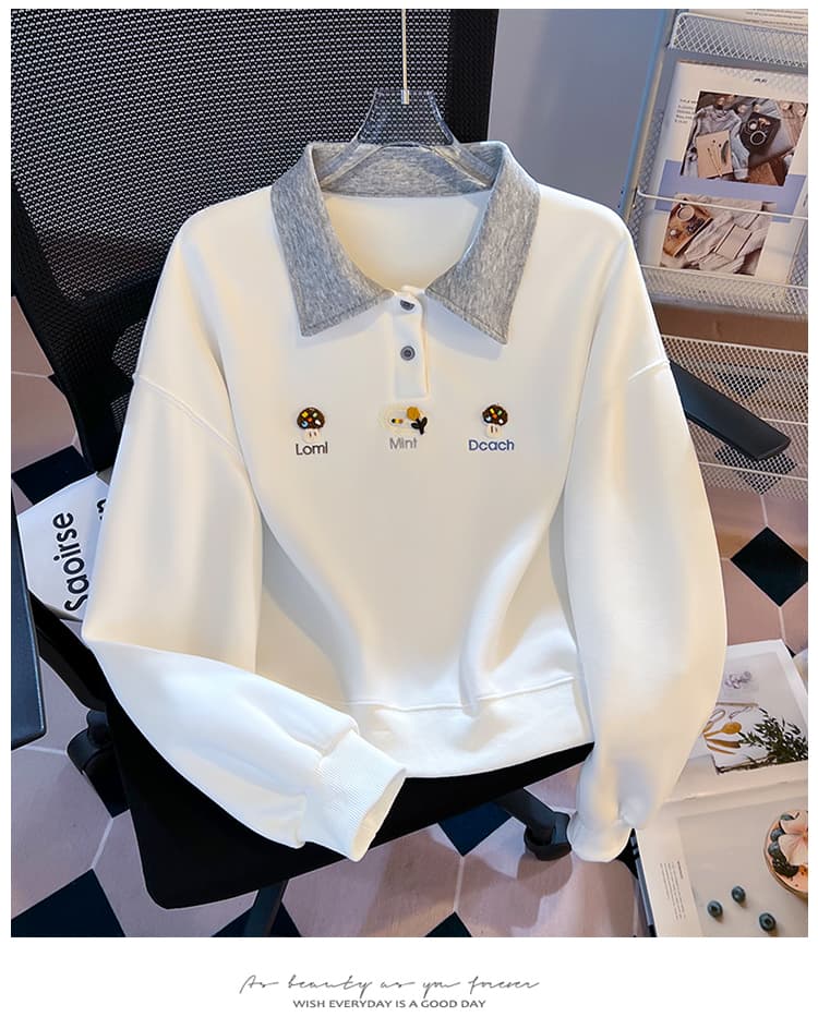 실사 배색 POLO 칼라 후드티 여성 귀여운 만화 자수 루즈핏 느긋한 바람 학생 긴팔 풀오버 맨위 상세 이미지 16