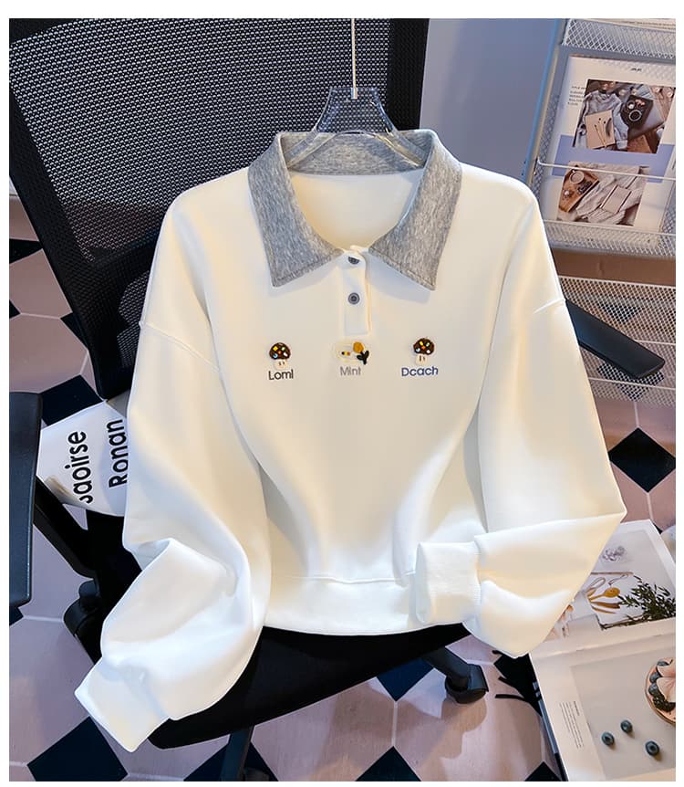 실사 배색 POLO 칼라 후드티 여성 귀여운 만화 자수 루즈핏 느긋한 바람 학생 긴팔 풀오버 맨위 상세 이미지 17