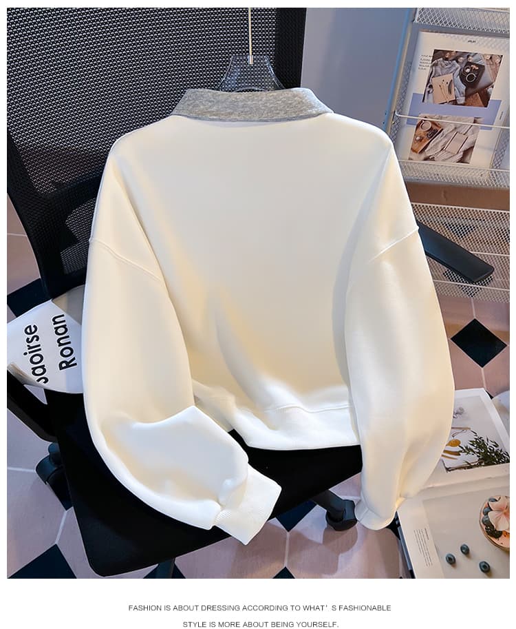 실사 배색 POLO 칼라 후드티 여성 귀여운 만화 자수 루즈핏 느긋한 바람 학생 긴팔 풀오버 맨위 상세 이미지 18