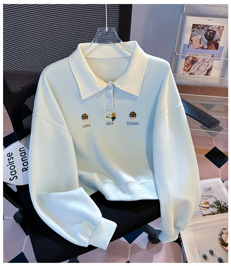 실사 배색 POLO 칼라 후드티 여성 귀여운 만화 자수 루즈핏 느긋한 바람 학생 긴팔 풀오버 맨위 상세 이미지 20