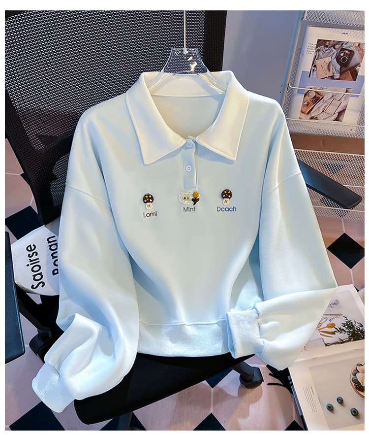 실사 배색 POLO 칼라 후드티 여성 귀여운 만화 자수 루즈핏 느긋한 바람 학생 긴팔 풀오버 맨위 상세 이미지 22
