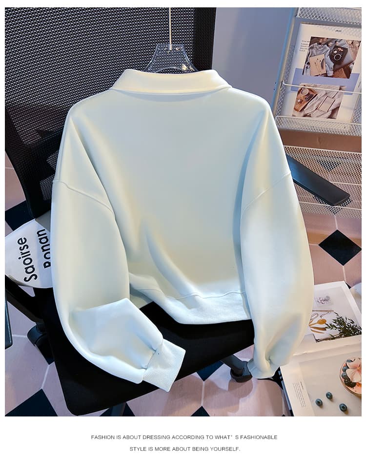 실사 배색 POLO 칼라 후드티 여성 귀여운 만화 자수 루즈핏 느긋한 바람 학생 긴팔 풀오버 맨위 상세 이미지 23