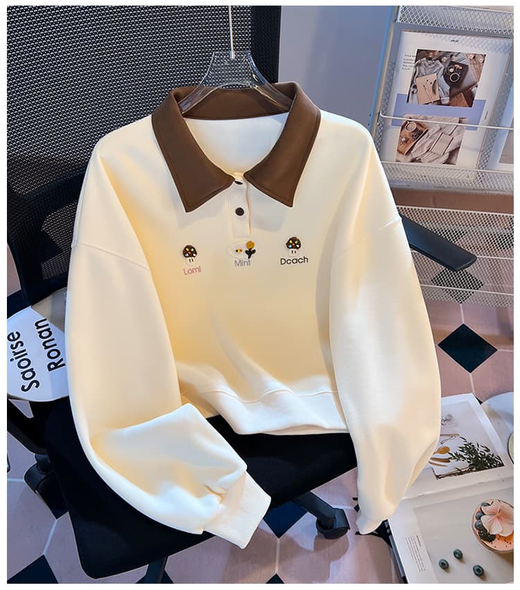 실사 배색 POLO 칼라 후드티 여성 귀여운 만화 자수 루즈핏 느긋한 바람 학생 긴팔 풀오버 맨위 상세 이미지 25