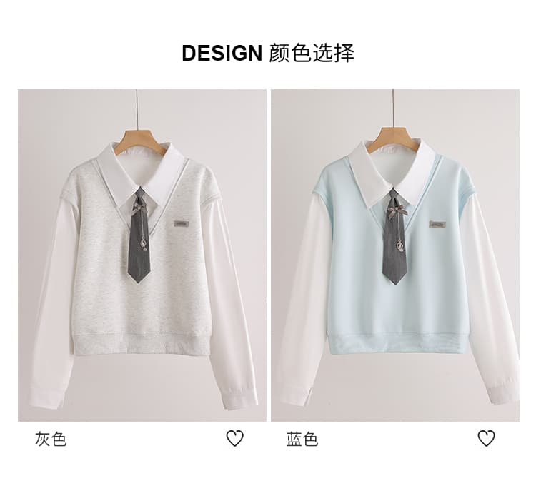 실사 학원 스타일 페이크 레이어드 넥타이 후드티 여성 폴로 칼라 패치워크 긴팔 쇼트 스타일 슬림해 보이는 맨위 상세 이미지 9