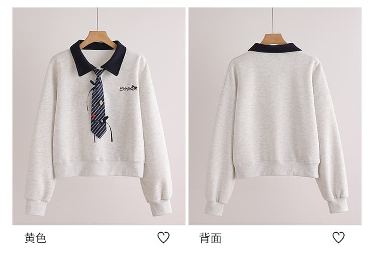 실사 학원 스타일 배색 POLO 칼라 넥타이 자수 알파벳 풀오버 스웨트셔츠 여성 짧은 루즈핏 긴팔 맨위 상세 이미지 10