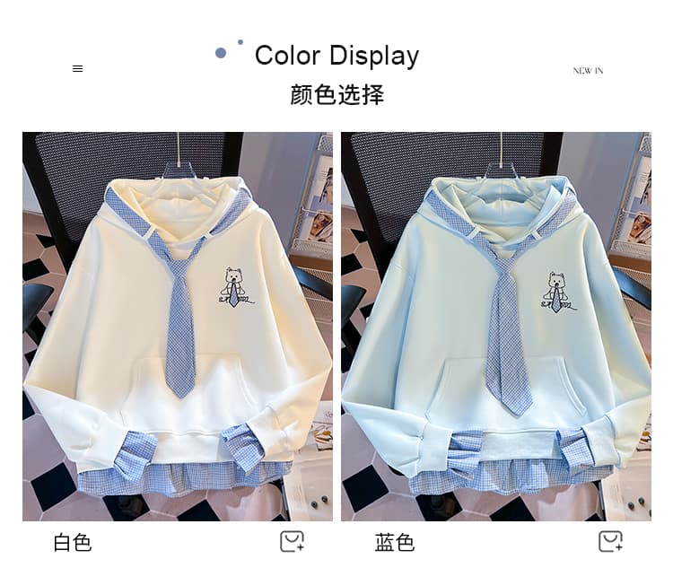 실사 학원 스타일 체크무늬 넥타이 패치워크 후드티 부드러운 작은 곰 자수 페이크 레이어드 루즈핏 후드 풀오버 셔츠 상세 이미지 12