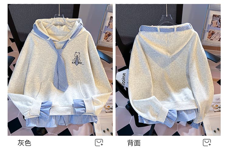 실사 학원 스타일 체크무늬 넥타이 패치워크 후드티 부드러운 작은 곰 자수 페이크 레이어드 루즈핏 후드 풀오버 셔츠 상세 이미지 13