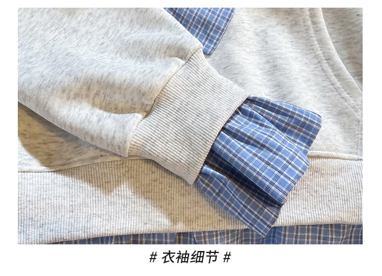 실사 학원 스타일 체크무늬 넥타이 패치워크 후드티 부드러운 작은 곰 자수 페이크 레이어드 루즈핏 후드 풀오버 셔츠 상세 이미지 30