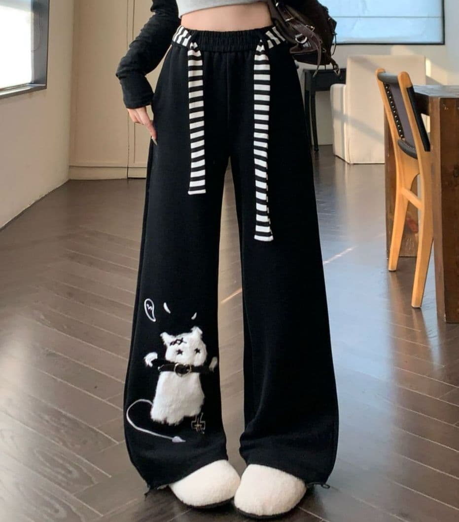 빅 사이즈 지방 mm 아메리칸 귀여운 고양이 검정색 캐주얼 웨이 바지 여성 봄 여름 느긋한 바람 도루 센스 루즈핏 와이드 레그 팬츠 상세 이미지 2