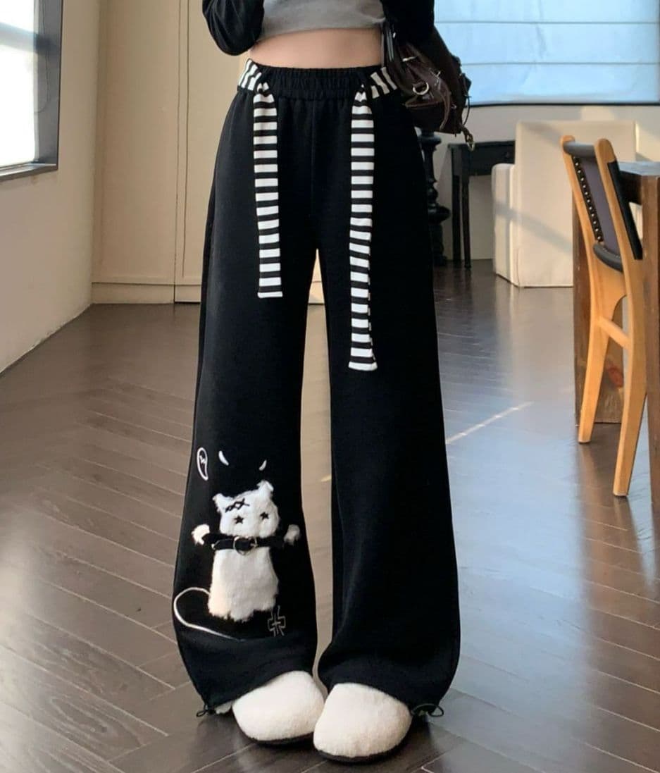 빅 사이즈 지방 mm 아메리칸 귀여운 고양이 검정색 캐주얼 웨이 바지 여성 봄 여름 느긋한 바람 도루 센스 루즈핏 와이드 레그 팬츠 상세 이미지 3