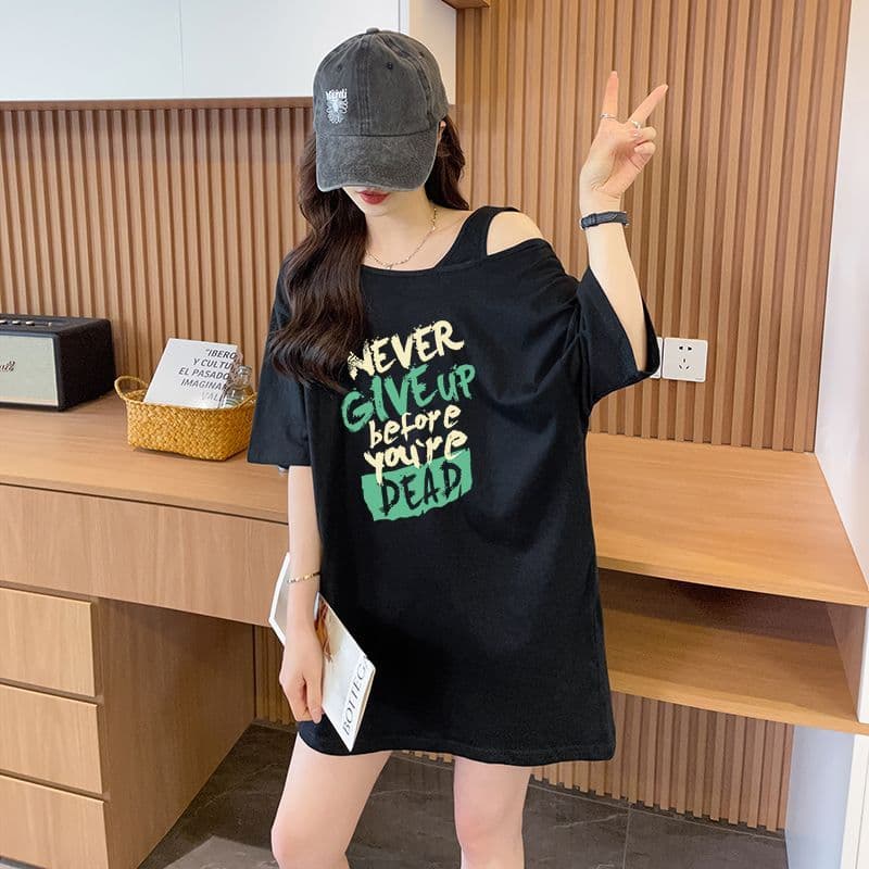 실사 정가 흔들어서 톤 품질 순면 디자인 센스 루즈핏 오프숄더 패션 반팔 t 상세 이미지 2