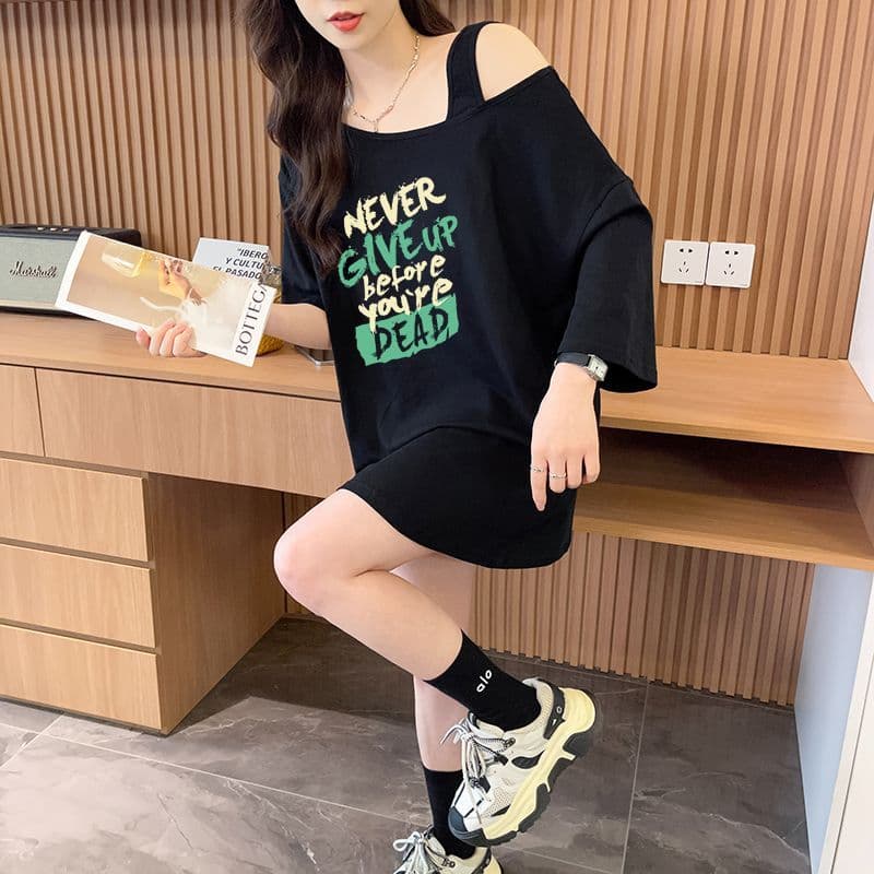 실사 정가 흔들어서 톤 품질 순면 디자인 센스 루즈핏 오프숄더 패션 반팔 t 상세 이미지 7