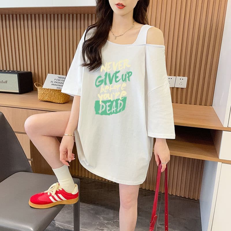 실사 정가 흔들어서 톤 품질 순면 디자인 센스 루즈핏 오프숄더 패션 반팔 t 상세 이미지 9